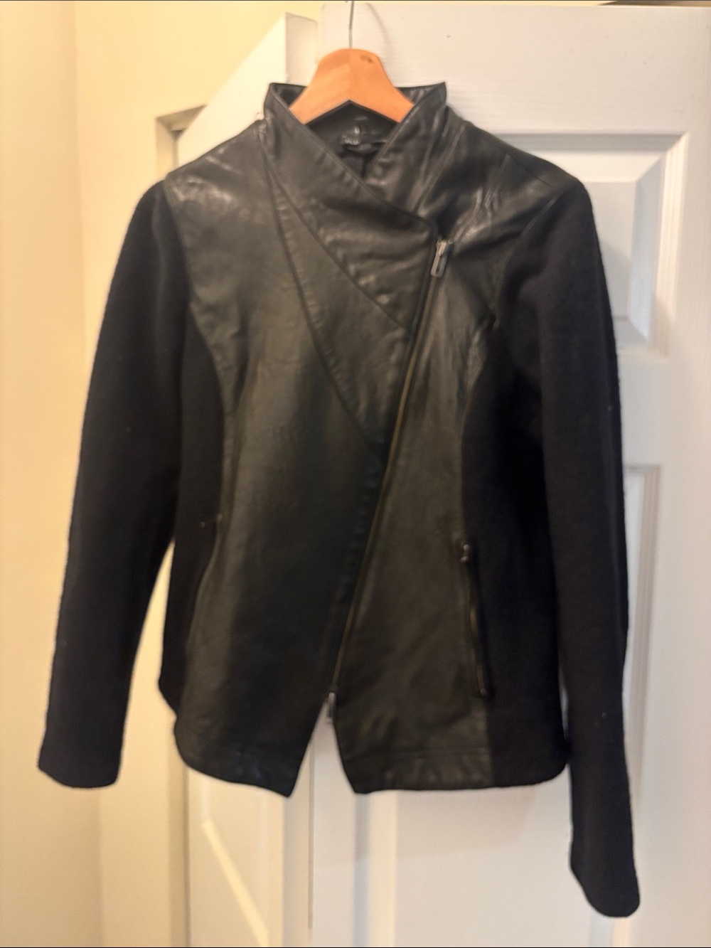 Eileen Fisher Moto Funnel Mock Neck Asymmetrical Leather-Panel Jacket 100% Wool